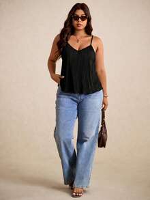 Elaquor 大码女式纯色褶皱休闲宽松吊带背心 - 黑色 - 查看 5