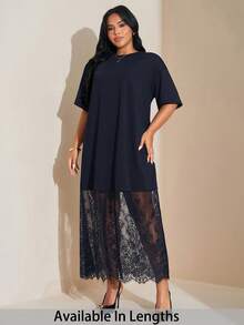 SHEIN Tall CURVE 大码纯色宽松休闲短袖T恤蕾丝连衣裙，时尚百搭，适合外出和通勤。 - 寶藍色 - 查看 1