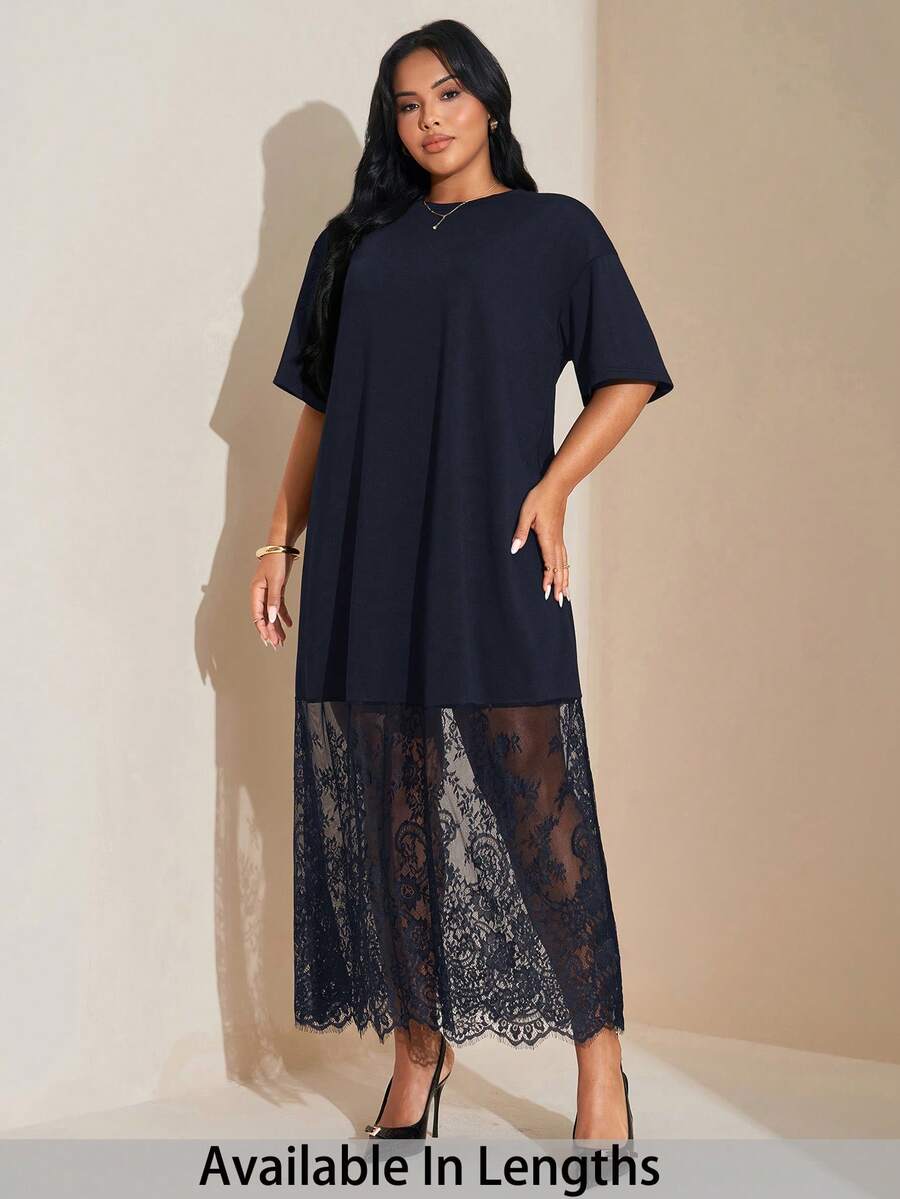 SHEIN Tall CURVE 大码纯色宽松休闲短袖T恤蕾丝连衣裙,时尚百搭,适合外出和通勤。 - 寶藍色 - 查看 1