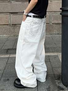 STEELVANCE Men Plus Size Vintage Streetwear Fashion Versatile Embroidered Back Pocket Design Loose Wide Leg Casual Jeans - White - View 4