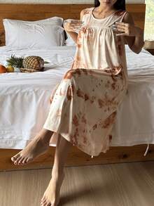 DAZY Áo ngủ dài không tay dáng rộng cho nữ, họa tiết ombre, thích hợp cho mùa hè. - Màu be - Xem 6