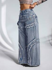 Jeanoix Quần jeans ống đứng dáng rộng, rách gấu, cỡ lớn, kiểu dáng thường ngày. - Màu xanh lam - Xem 1
