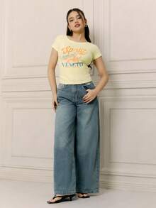 Criza Taa Women's Summer Slim Fit Asymmetrical Shoulder T-Shirt, Cocktail Orange Italian Beach VENETO Basic Off Shoulder Top Tee - Yellow - View 3