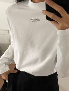 DAZY 女士高领字母印花修身长袖休闲T恤 - 白色 - 查看 3