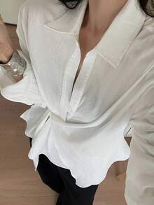 DAZY Áo kiểu nữ cổ ve lật, dáng rộng, tay dài, thắt nơ bên hông, phong cách thành thị, thường ngày, đi nghỉ mát. - trắng - Xem 7