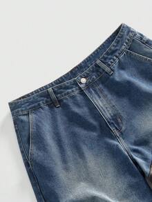 ROMWE MEN Street Life Men's Pockets Loose Wide Leg Jeans With PU Leather Patchwork - Blue - View 10