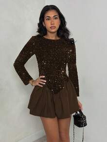 SHEIN Glamour Vestido mini con parches de lentejuelas elegante y de moda, adecuado para el uso diario - Café integral - Ver 4