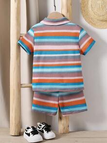 SHEIN Vintaside Kids Summer Two Piece Set Boys Boy Collared Shirt And Shorts Set Boys Shirt And Shorts Set Crochet Two Piece Set Kids Little Boy Two Piece Set - Colorful - View 2