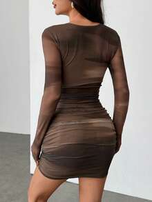 SHEIN PETITE Đầm mini ôm sát gợi cảm in họa tiết tie-dye bằng vải lưới dành cho nữ. - Cà phê nâu - Xem 2