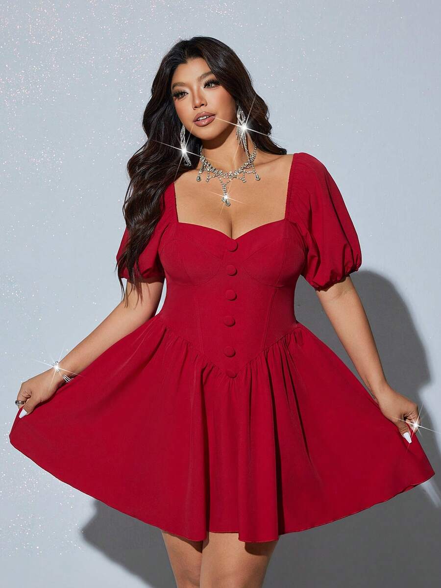 Viva Relle Plus Size Women Elegant Solid Color Ruffle Collar Puff Sleeve Waist Cinched Midi Dress - Burgundy - View 1