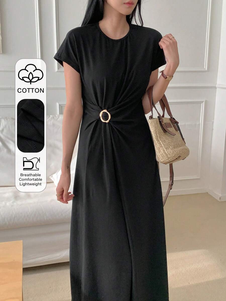 DAZY Vestido midi de algodón de unicolor con cuello redondo, manga corta y cintura ceñida para mujer, vestido de verano - Negro - Ver 1