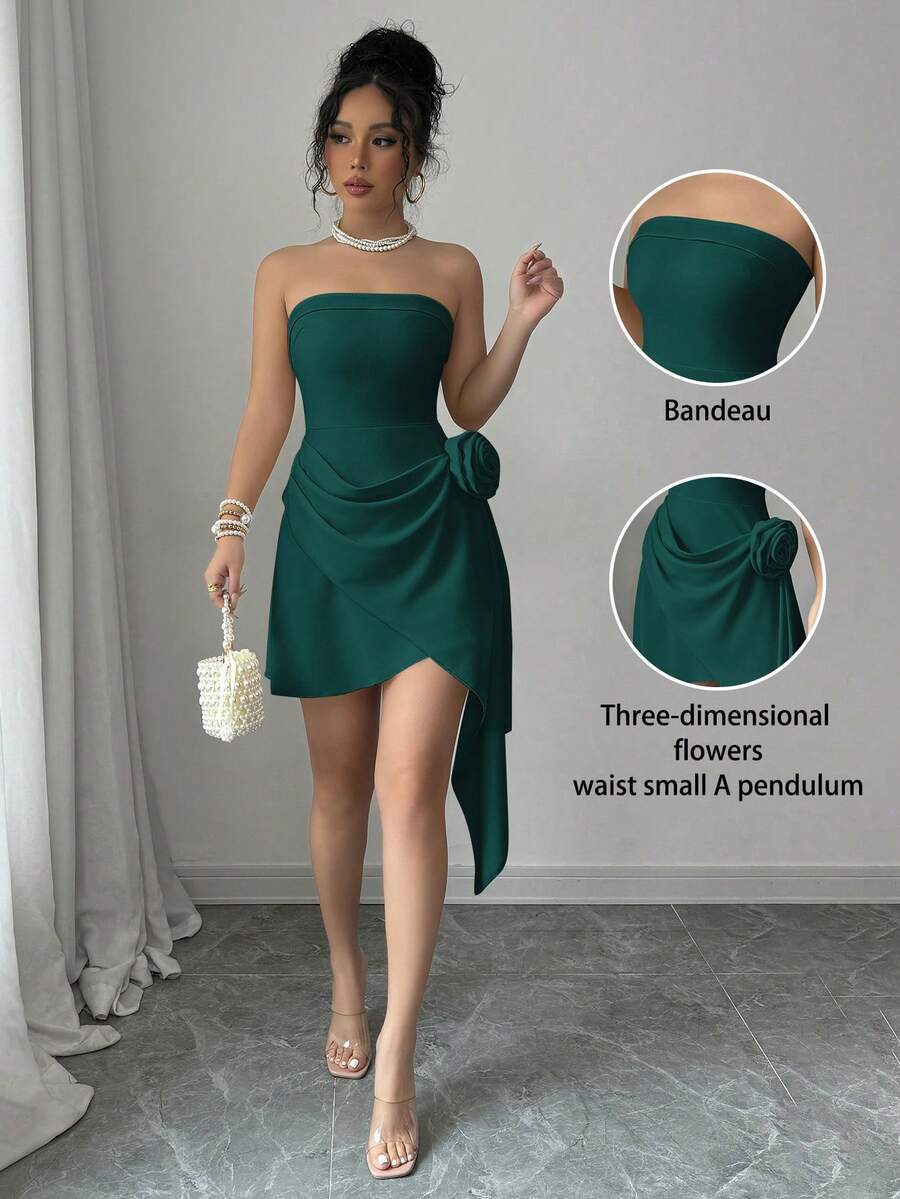 Elenzga 杏色无肩带收腰A字型优雅浪漫碎花连衣裙，适合女士，情人节 - 墨綠色 - 查看 1