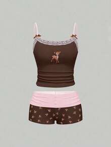 ROMWE J-Fashion 女士可爱小鹿刺绣蕾丝吊带背心和小鹿印花短裤套装 - 棕色 - 查看 10