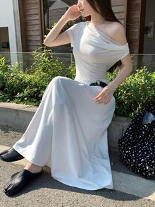 DAZY Damen Spitzenbesatz Träger einfarbiges Midikleid, koreanischer Stil - Weiss - Übersicht 4