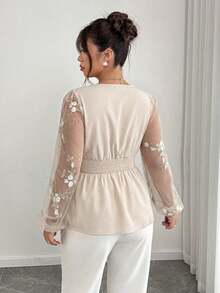 Elenzga Blus Elegan Wanita Ukuran Plus dengan Kerah Asimetris, Pinggang Ramping, Model A-Line, Bordir Jala, dan Patchwork, Cocok untuk Musim Gugur/Dingin - Aprikot - View 2