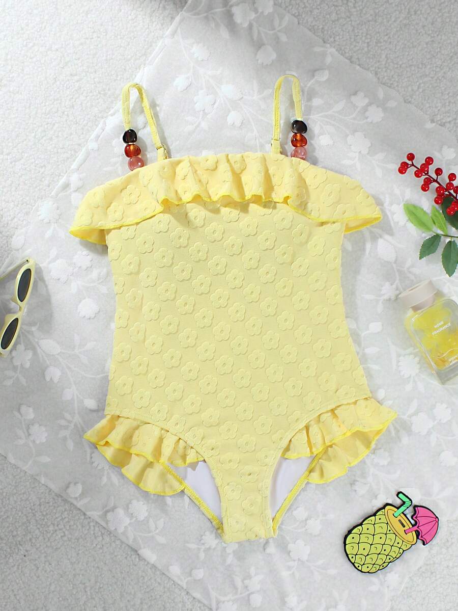 SHEIN 1件女童黄色梅花针织面料舒适修身荷叶边下摆连体泳衣，适合海滩、泳池、度假、夏季旅行 - 黃色 - 查看 1