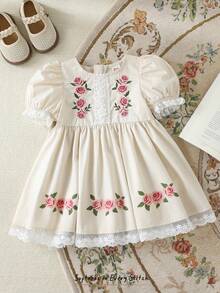 Cozy Pixies Đầm bé gái in hoa, cổ tròn, tay phồng, eo thon. - Màu be - Xem 11