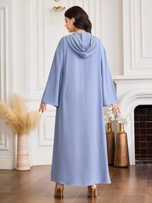 Al Najma Women's Floral Embroidery Hollow Out Dolman Sleeve Hooded Arabic Traditional Long Robe - Blue - View 2