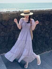 DAZY Women's High-Density Cotton Blend Purple & Blue Contrast Lace Waist Dress, French Design Elegant Long Dress - Mauve Purple - View 1