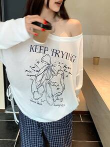 DAZY 女士领结水印韩式花卉印花短袖T恤，春夏款 - 白色 - 查看 5