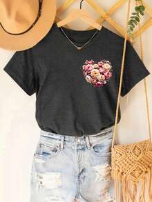 DrmWander 度假、春季、休闲女装、春季碎花上衣、女士图案T恤、可爱休闲上衣、可爱短袖上衣、碎花爱心印花T恤 - 深灰色 - 查看 2