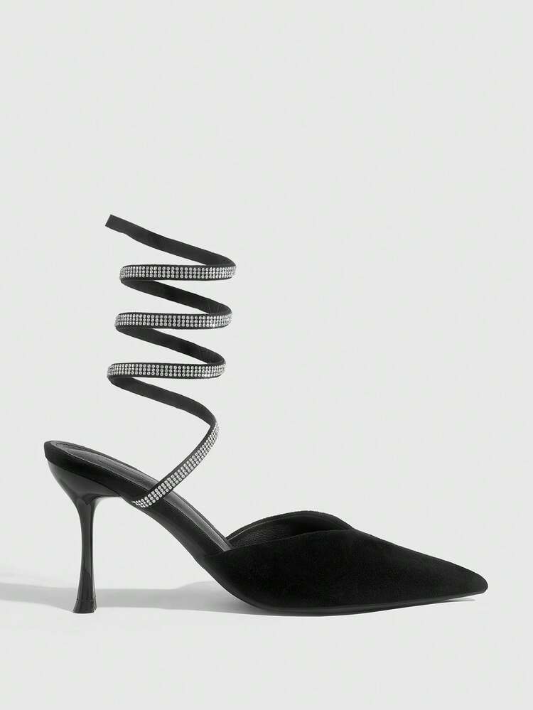 CUCCOO SZL 女性用 尖った先端 ブラックスエード セクシーなヘビ型ラインストーン装飾ストラップ ファッショナブルなデートナイト用スティレットハイヒールサンダル