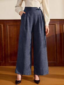 Vintamour Vintage Classic Elegant Women's Pants, Fitted Contrast Trim Long Pants, Button Closure Brown Trousers, Autumn/Winter Navy Blue Pants Elegant Pants For Women High Waist Pants Woman - Dusty Blue - View 3