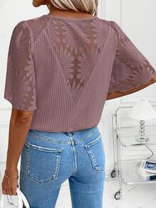 SHEIN Clasi Women's New Elegant Waffle Knit Patchwork Ruffle Sleeve T-Shirt, Versatile For Daily Wear, Commuting And Multiple Occasions - Dusty Pink - View 7