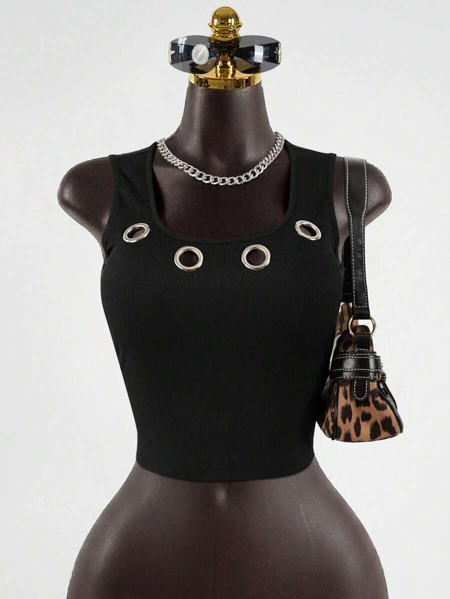 SaltGleam SaltGleam Blusa sin mangas minimalista y personalizada con diseño hueco para mujer - Negro - Ver 1