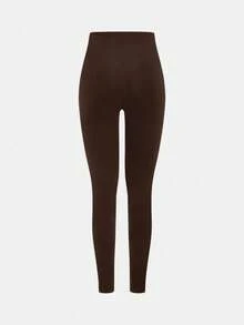SHEIN Girlism 青少年女孩休闲瑜伽运动修身拉链领针织上衣和高腰紧身裤套装，返校装 - 棕色 - 查看 6