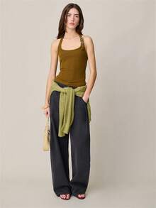 Nöista Olive Green Ribbed Tank Halter Top Features A Square Neckline With An Adjustable Buckle Strap. Boho, Westerm, Easter, Spring, Summer. - Coffee Brown - View 3