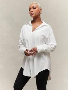 Vixey Self Tie Open Back Pointed Collar Long Sleeve Oversized Shirt - Beige - View 3