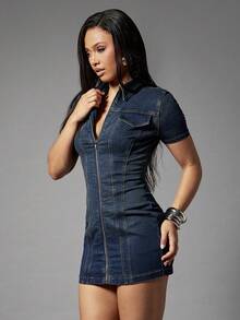 Denimoi Stretch Denim Zip Front Collared Mini Dress Sexy Dresses Denim Dress Concert Outfits GNO - Medium Wash - View 5