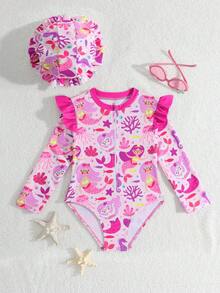 Baby Girl Mermaid Print Patchwork Ruffle Zipper Front One-Piece Swimsuit - Hot Pink - View 1