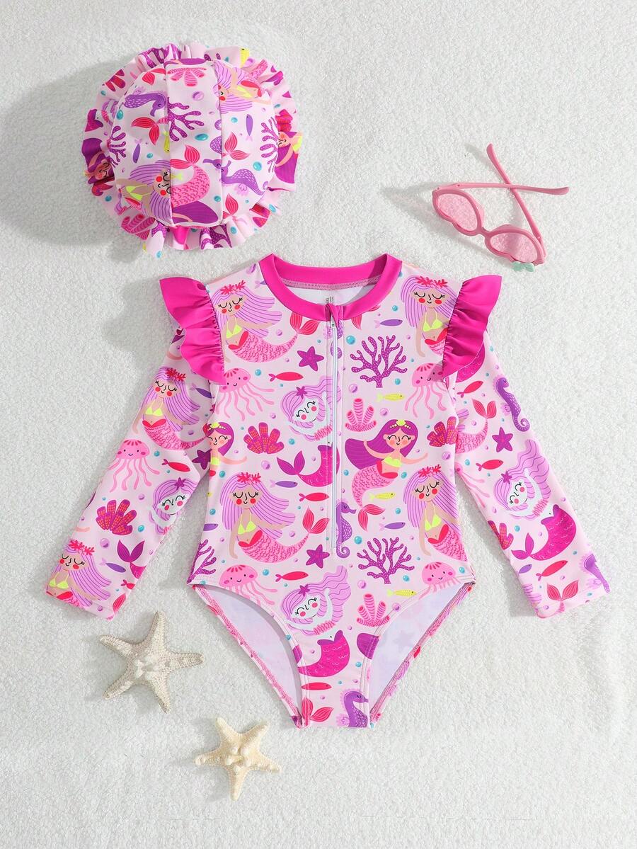 Baby Girl Mermaid Print Patchwork Ruffle Zipper Front One-Piece Swimsuit - Hot Pink - View 1
