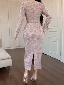DAZY Damen elegantes Midikleid mit Puffärmeln und Gürtel, Herbst/Winter - Pink - Übersicht 2