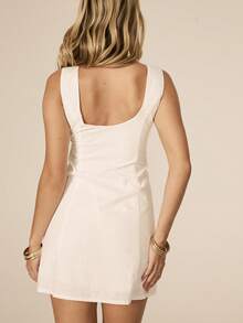 Aralina Boat Neck A Line Linen Sleeveless Casual Mini Dress - Beige - View 2