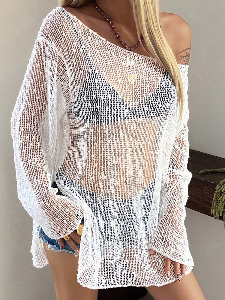 Women's Oversized Crew Neck Textured Fabric Long Sleeve Loose Sheer Vacation T-Shirt Summer