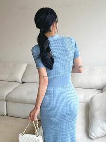 DAZY Women's V-Neck Single-Breasted Bodycon Party Knit Dress - Blue - View 6