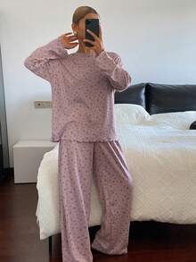 DAZY 2件套女士碎花宽松舒适长袖T恤和裤子睡衣套装，秋季款 - 淺灰紫 - 查看 4