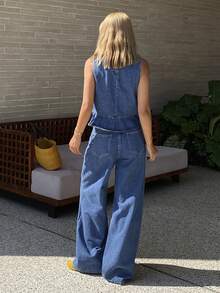 Livesso Women's Casual Ruffle Trim Sleeveless Top And Denim Pants Set - Medium Wash - View 2