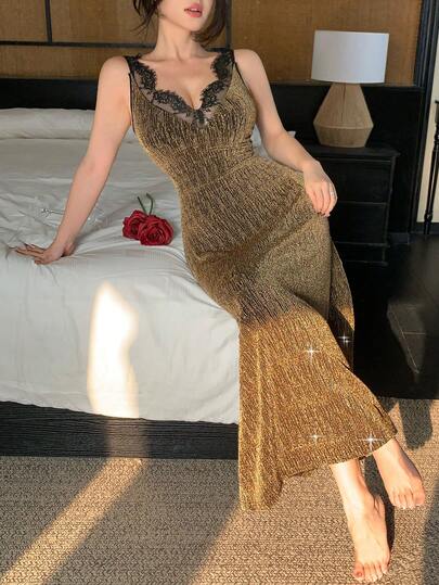 DAZY Glamorous Sequin & Satin Lace Patchwork Waist Cinched Long Women Nightgown