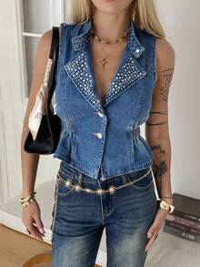 DAZY Women's Lapel Sleeveless Cinched Waist Studded Urban Casual Denim Vest And Jacket - Medium Wash - View 2
