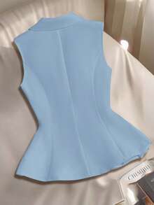 Franclia Women's Spring/Summer French V-Neck Elegant Bow Button Sleeveless Fitted A-Line White Blazer - Blue - View 2