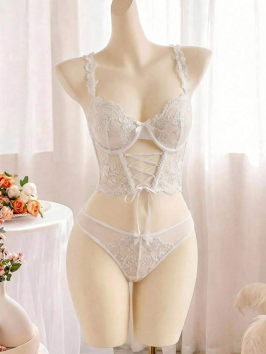 SHEIN 2件套女士性感花卉刺绣透明网眼内衣套装,适合外出穿着 - 白色 - 查看 1