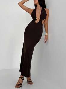 Aloruh Women's Sexy Backless Halter Tie-Up Extra Long Sleeveless Mermaid Dress - Brown - View 7