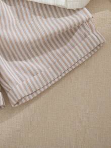 Souflis Souflis 2 peças/Conjunto Menino Jovem 4-7 Anos Estilo Francês Camisa de Colarinho Listrado Texturizado Branco Combinada com Shorts Listrados Tecidos, Conjunto Confortável e na Moda - Multicolorido - Visão 10