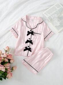 女童條紋提花黑色蝴蝶結裝飾短袖短褲休閒家居服套裝 - 粉色 - 查看 4