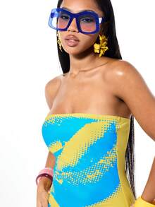 SUMWON WOMEN Strapless Graphic Bandeau Bodycon Mini Dress With Abstract Print Pattern Summer Party Club Wear - Yellow - View 4