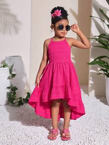 Young Girls Backless Long Waist Cinched Dress, Casual, Fashionable, Versatile, Suitable For Party, Outing, Photo Shoot With Friends, Park, Camping, Vacation, Daily Casual Wear - Pink - View 5